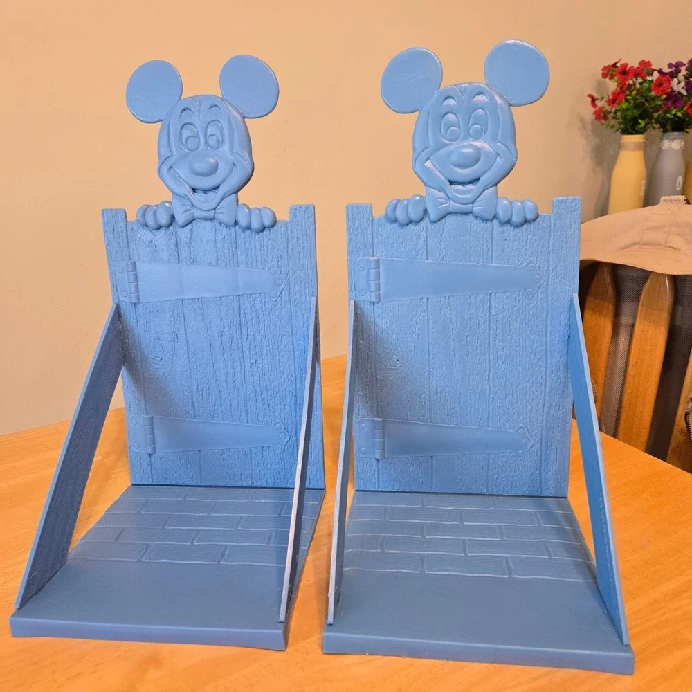 Vintage Disney Mickey Mouse Plastic Bookends Periwinkle Blue Fence Set of 2
